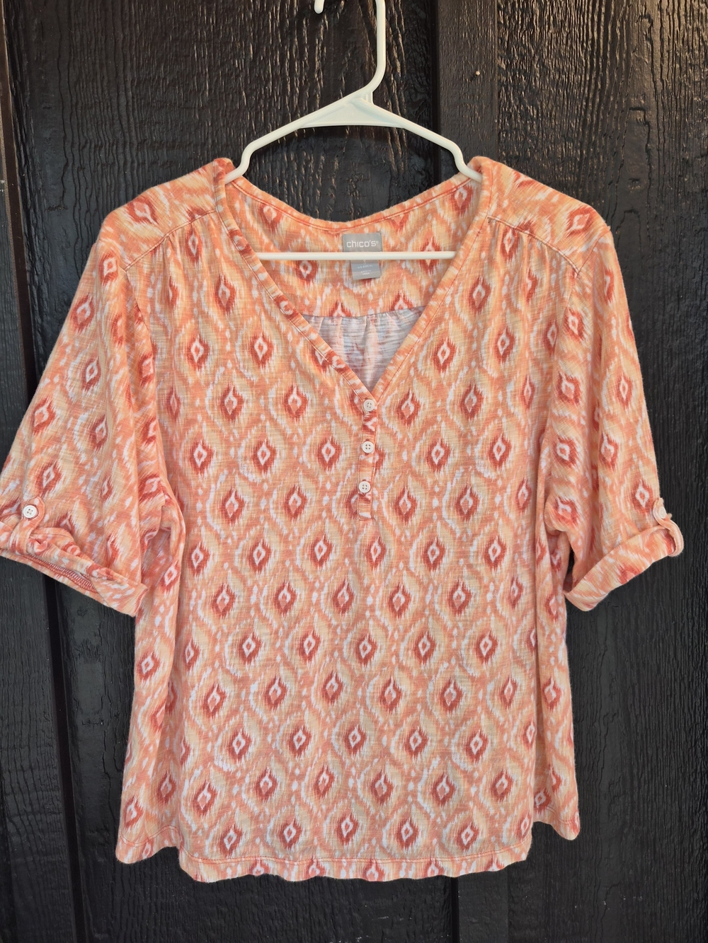 Chico's Coral and White Ikat Henley Tunic